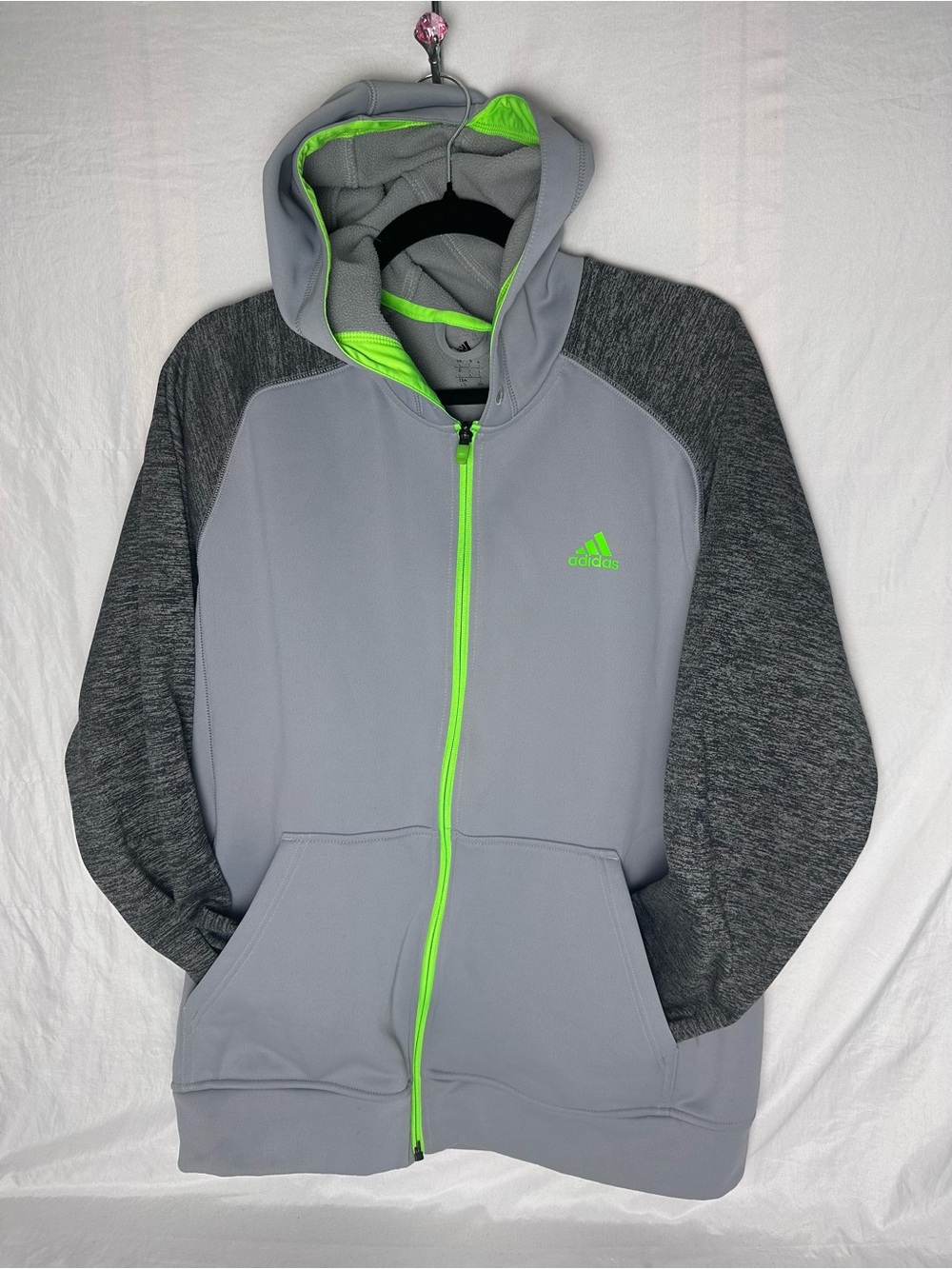 Adidas ClimaWarm Men's Large Full Zip Hoodie Gray Neon Green Athletic Jacket